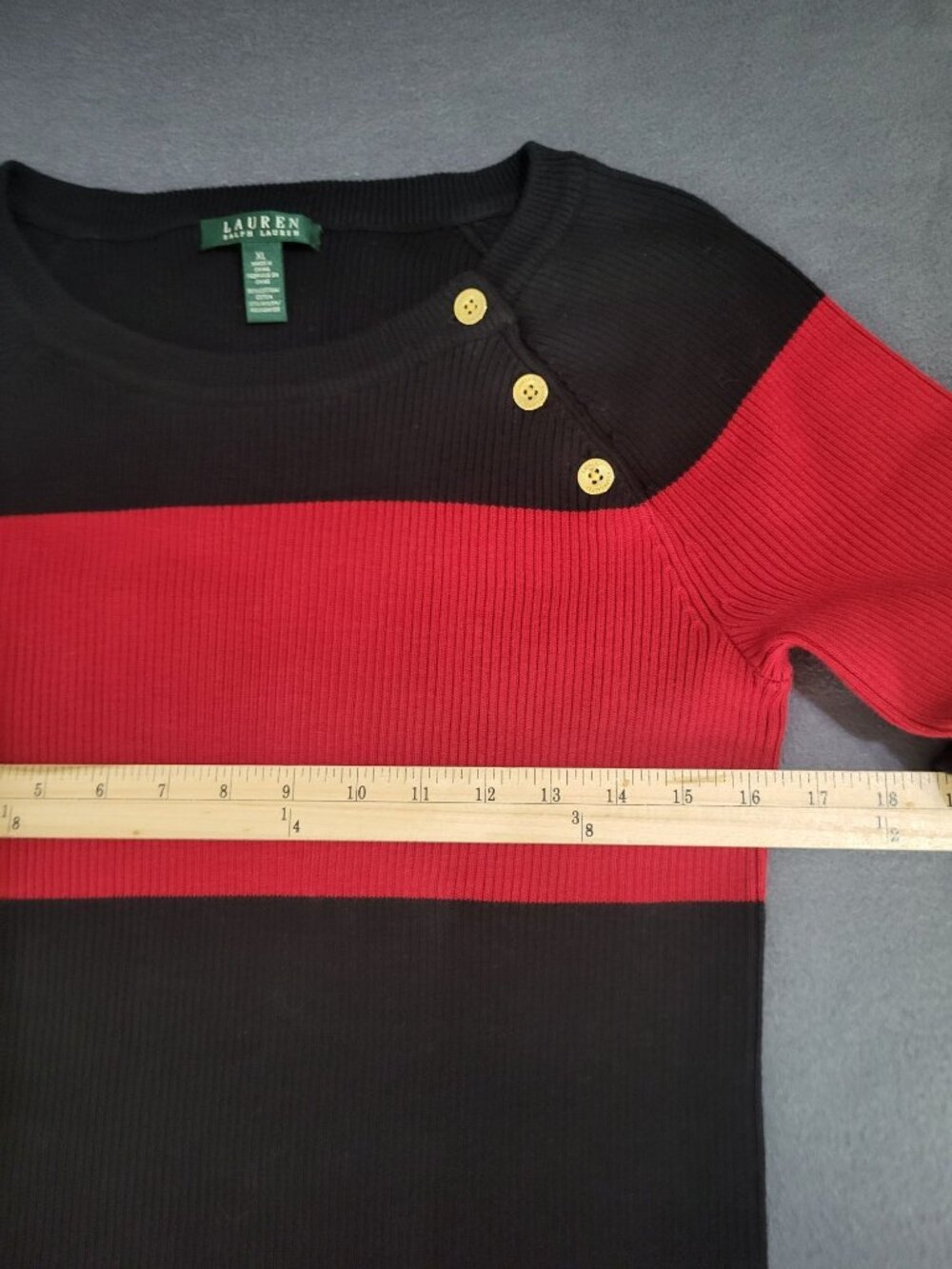 Lauren Ralph Lauren Womens XL Colorblock Black Red Sweater Gold Buttons Ribbed - Picture 3 of 7